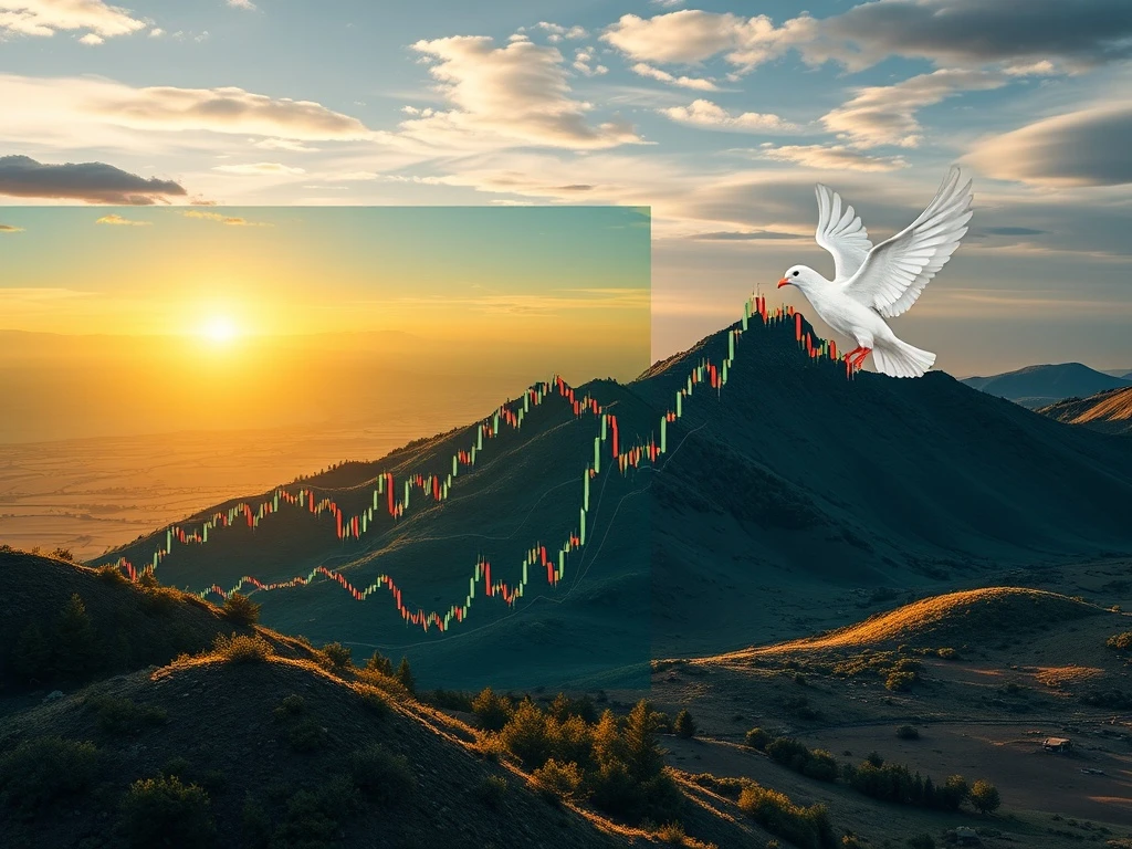 A visual representation of crypto market volatility, showing a fluctuating chart impacted by geopolitical events like the Russia-Ukraine peace talks.