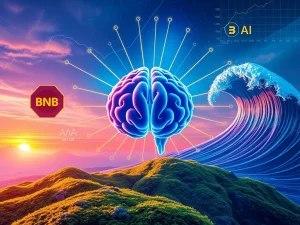 A visual metaphor for RUVI AI's explosive growth and potential to challenge BNB in the cryptocurrency market, driven by AI innovation.