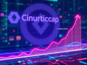 A digital chart showing explosive growth for Ruvi AI, with CoinMarketCap logo and a subtle Cardano (ADA) symbol in the background, symbolizing market outperformance.