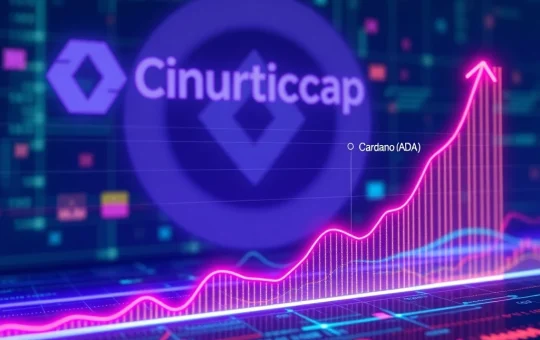 A digital chart showing explosive growth for Ruvi AI, with CoinMarketCap logo and a subtle Cardano (ADA) symbol in the background, symbolizing market outperformance.