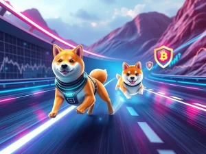 A vibrant digital illustration showing the Ruvi AI logo ascending rapidly past the Dogecoin logo, symbolizing its potential to outperform and offer significant returns in the crypto market.