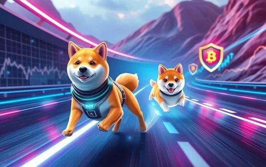 A vibrant digital illustration showing the Ruvi AI logo ascending rapidly past the Dogecoin logo, symbolizing its potential to outperform and offer significant returns in the crypto market.