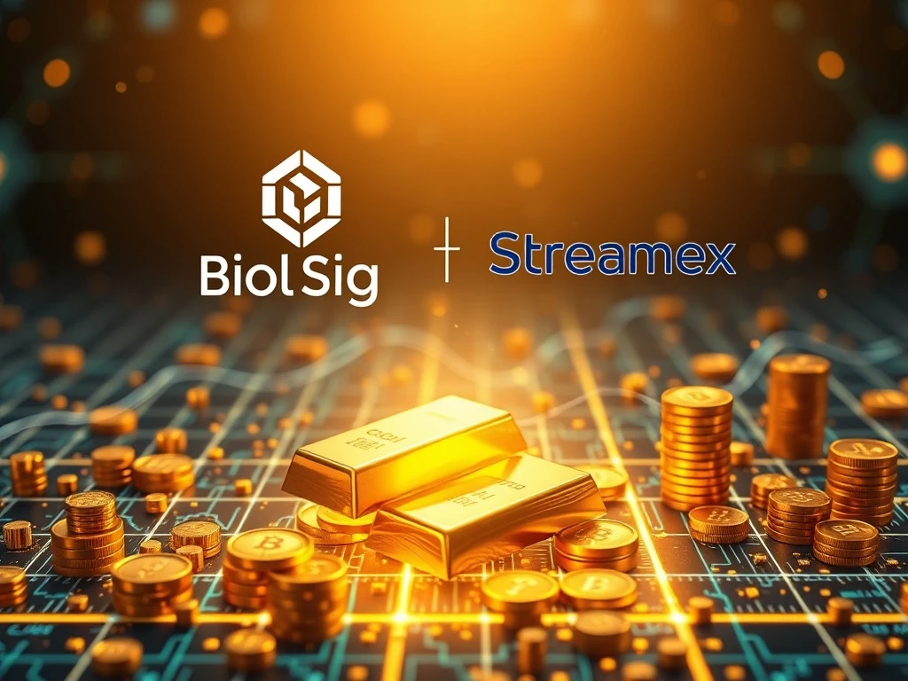 BioSig and Streamex logos merging, symbolizing their RWA Tokenization partnership unlocking new financial opportunities.