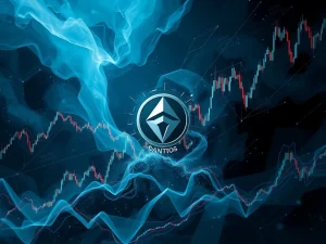 A digital representation of a crashing chart line and a SANTOS token, symbolizing extreme crypto volatility and market uncertainty.