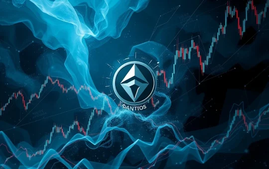 A digital representation of a crashing chart line and a SANTOS token, symbolizing extreme crypto volatility and market uncertainty.