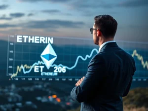 SharpLink Gaming executive stands before a screen displaying their significant ETH holdings, highlighting their strategic Ethereum treasury growth.