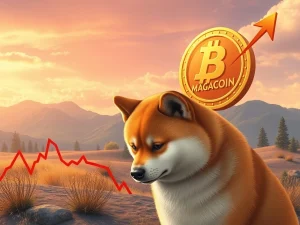 A Shiba Inu dog looking downcast as a new, vibrant MAGACOIN rises, symbolizing the SHIB price drop and emerging meme coin competition.