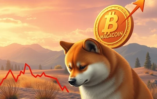 A Shiba Inu dog looking downcast as a new, vibrant MAGACOIN rises, symbolizing the SHIB price drop and emerging meme coin competition.