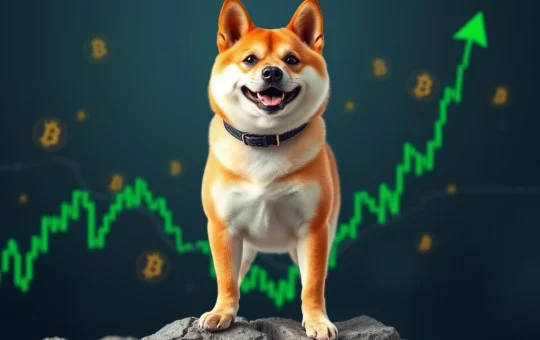 A Shiba Inu dog stands confidently over a crypto chart showing a sharp upward trend, symbolizing Shiba Inu's recent 50% surge and its $0.000025 price target after a liquidity rebound.