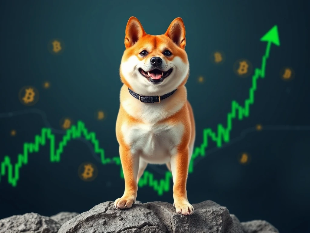 A Shiba Inu dog stands confidently over a crypto chart showing a sharp upward trend, symbolizing Shiba Inu's recent 50% surge and its $0.000025 price target after a liquidity rebound.