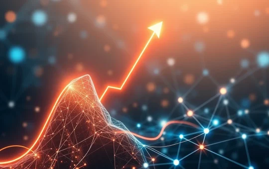 A graph showing a dramatic +578% SIGN crypto price surge, with interconnected blockchain nodes in the background, symbolizing growth and partnerships.