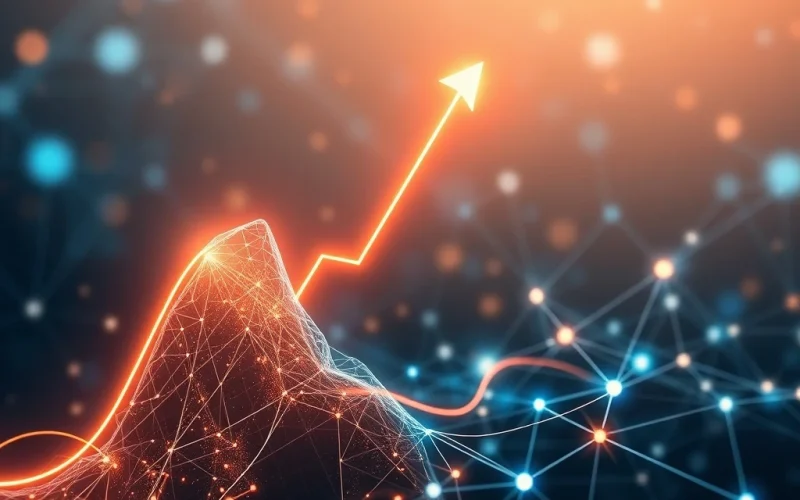 A graph showing a dramatic +578% SIGN crypto price surge, with interconnected blockchain nodes in the background, symbolizing growth and partnerships.