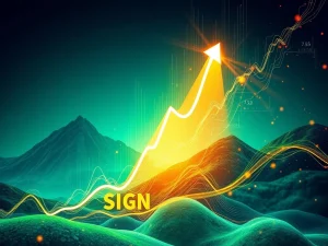 A chart showing a massive +444.78% SIGN crypto price surge, illustrating significant market movement.