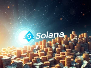 A digital representation of a significant crypto investment flowing into the Solana ecosystem, symbolizing Accelerate's $1.51 billion Solana fund raise.