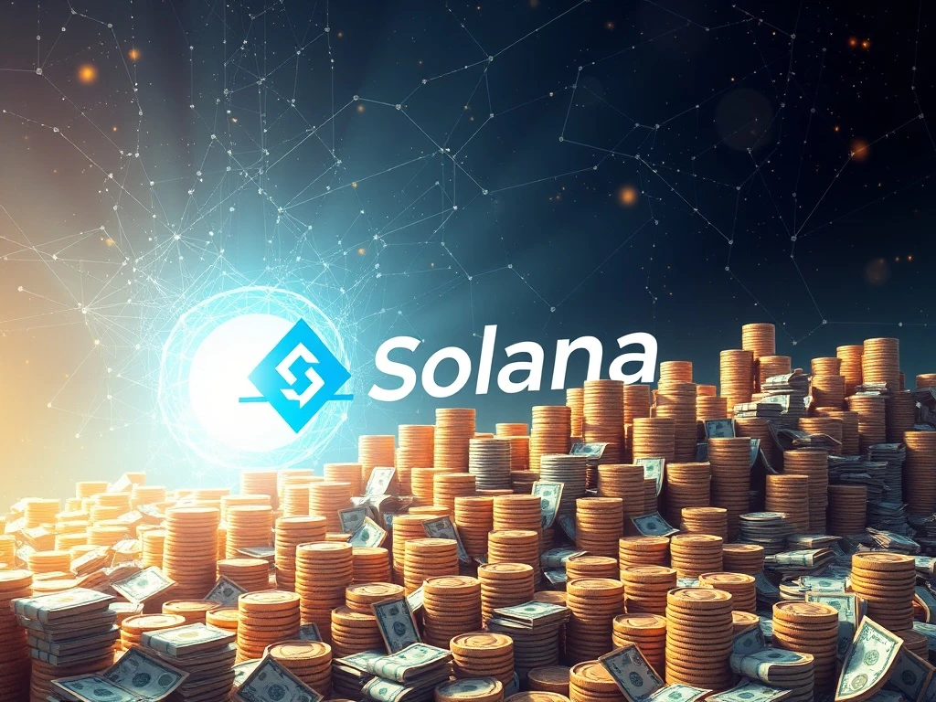 A digital representation of a significant crypto investment flowing into the Solana ecosystem, symbolizing Accelerate's $1.51 billion Solana fund raise.