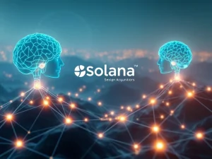 Visualizing Solana AI integration: Hold Me Ltd. and Synthetic Darwin combining forces on a blockchain network.
