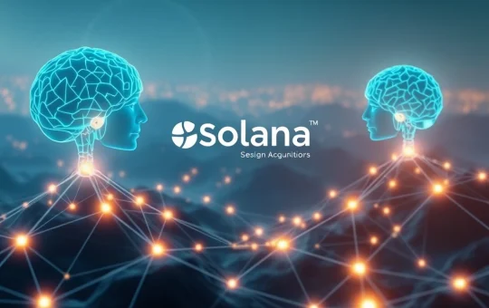 Visualizing Solana AI integration: Hold Me Ltd. and Synthetic Darwin combining forces on a blockchain network.