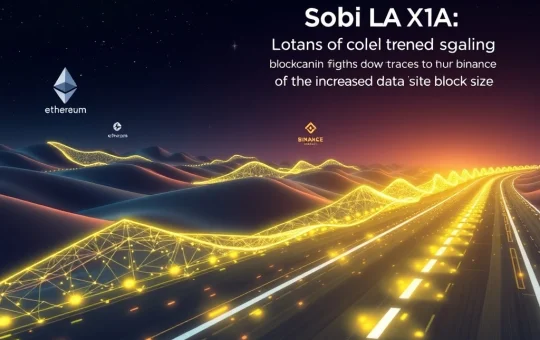 A vibrant visualization of Solana's blockchain network, demonstrating increased block size and enhanced scalability. Highlights Solana's speed and efficiency.