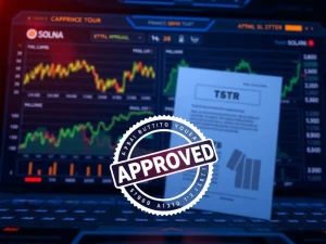 Solana ETF approval process with financial charts and regulatory documents