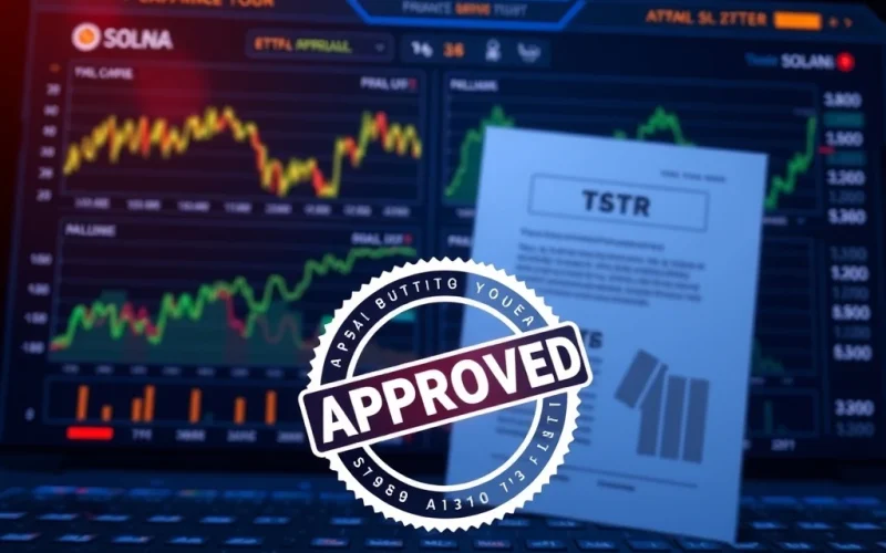 Solana ETF approval process with financial charts and regulatory documents