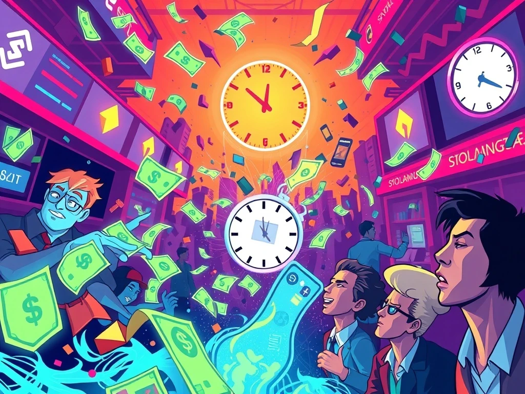 An abstract illustration depicting the rapid $500 million Pump.fun Solana meme coin sale, symbolizing the intense retail crypto FOMO.