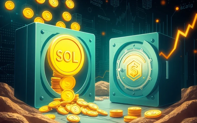 Solana (SOL) tokens flowing into a secure vault, symbolizing investor confidence and long-term holding.