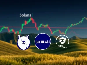 Chart showing Solana price action with an RSI overbought indicator, alongside logos of Shiba Inu and Unilabs Finance, illustrating current crypto market trends.