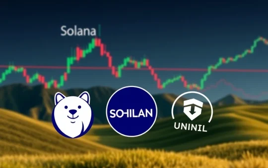Chart showing Solana price action with an RSI overbought indicator, alongside logos of Shiba Inu and Unilabs Finance, illustrating current crypto market trends.