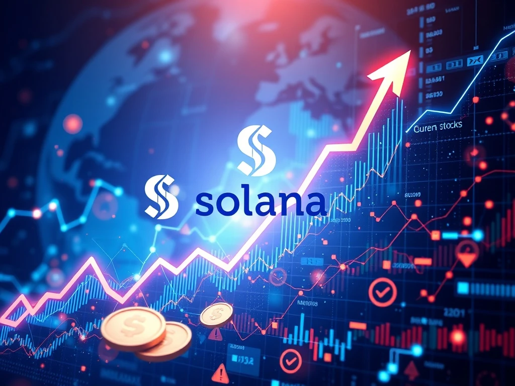 Visualizing the explosive growth of Solana Tokenized Stocks with a rising graph overlaying blockchain elements.