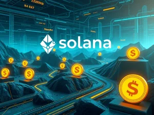Solana blockchain with USDC stablecoin flowing through a digital financial network
