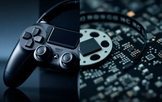 Illustrating Sony's strategic shift, with gaming and content symbols prominent and semiconductor elements receding.
