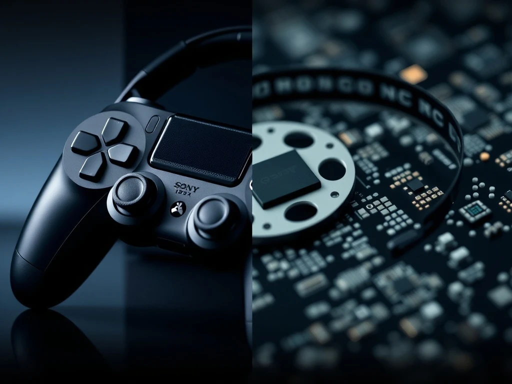 Illustrating Sony's strategic shift, with gaming and content symbols prominent and semiconductor elements receding.