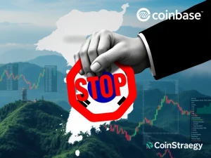 A hand with a stop sign over crypto charts, symbolizing South Korea Crypto Regulation tightening on US stock exposure.