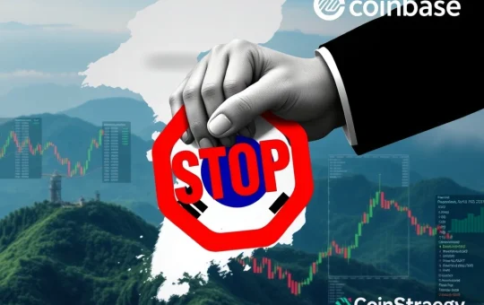 A hand with a stop sign over crypto charts, symbolizing South Korea Crypto Regulation tightening on US stock exposure.