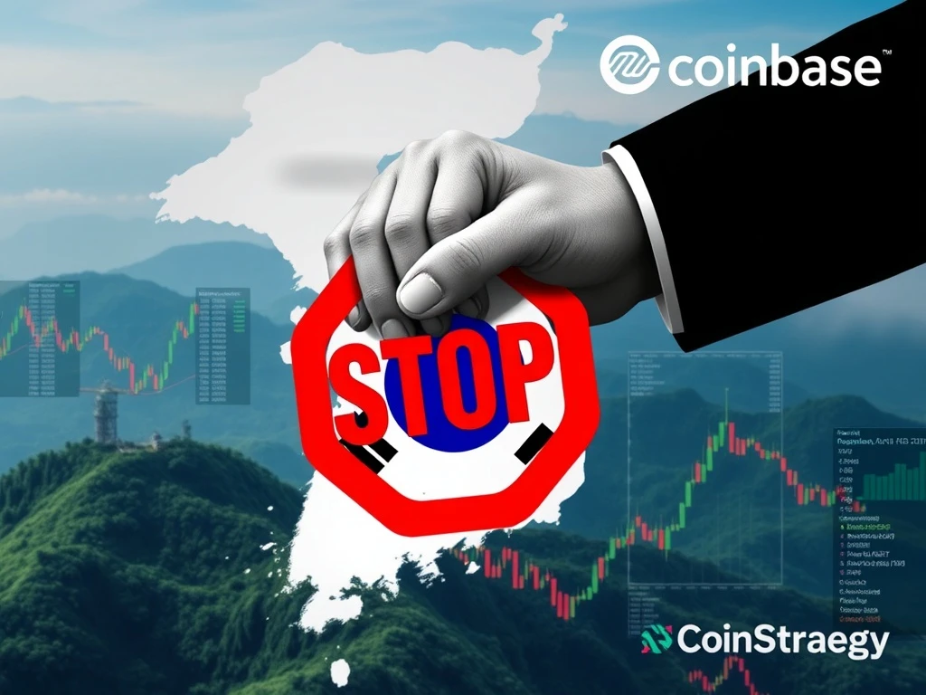 A hand with a stop sign over crypto charts, symbolizing South Korea Crypto Regulation tightening on US stock exposure.
