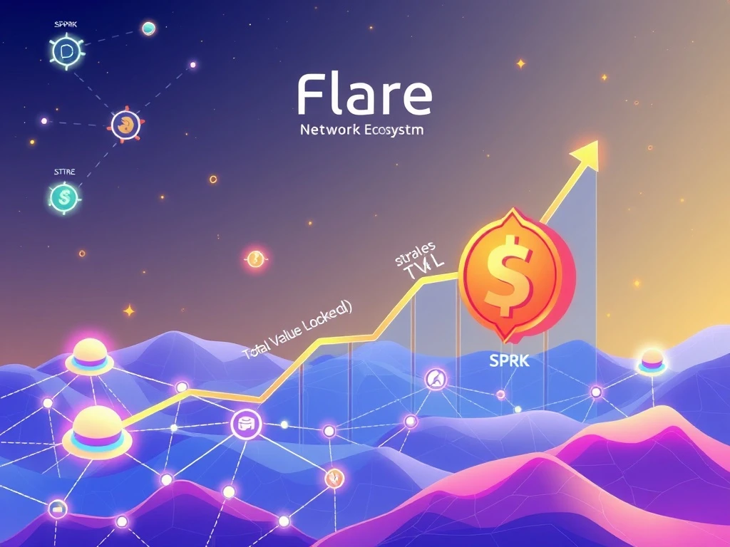 An abstract depiction of SparkDEX's significant growth on the Flare Network, highlighted by the launch of the $SPRK token and surging DeFi activity.