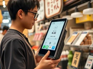 Square Handy Japan: A small business owner processes a cashless payment with the new Square Handy mobile POS terminal in a Japanese market, symbolizing digital payment transformation.