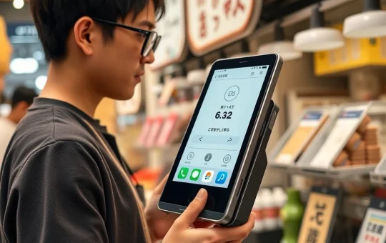 Square Handy Japan: A small business owner processes a cashless payment with the new Square Handy mobile POS terminal in a Japanese market, symbolizing digital payment transformation.
