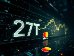 A visual representation of stablecoins transaction volume eclipsing traditional payment networks like Visa and Mastercard, highlighting their financial impact.