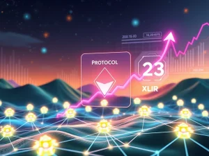 Stellar XLM price chart showing a dramatic surge, with blockchain network elements in the background, symbolizing the impact of the Protocol 23 upgrade.