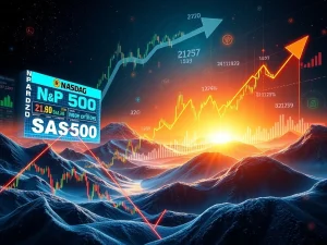 Charts showing mixed Stock Market Performance for S&P 500, NASDAQ, and Dow Jones, influencing broader investor sentiment.