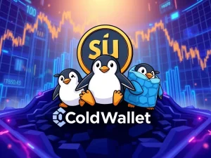 SUI Coin and Pudgy Penguins NFT with Cold Wallet logo in a vibrant crypto market scene