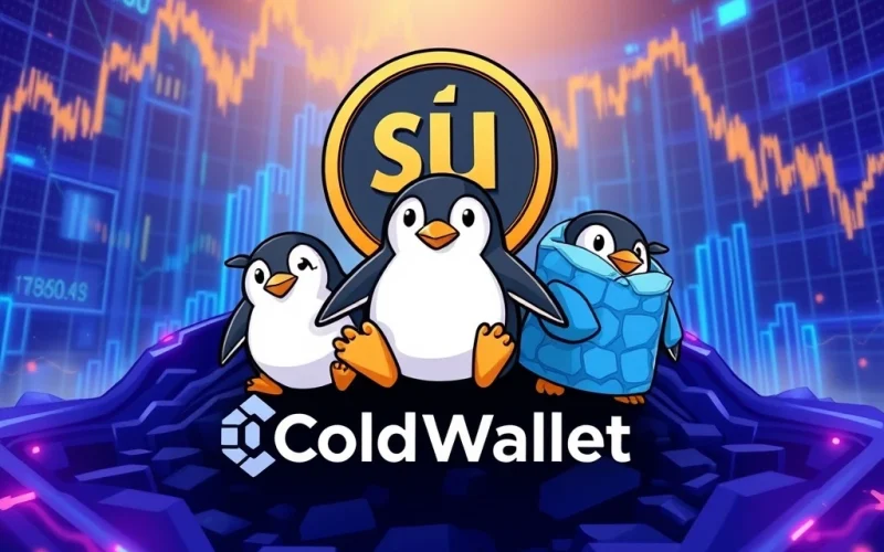 SUI Coin and Pudgy Penguins NFT with Cold Wallet logo in a vibrant crypto market scene