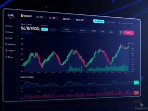 SUIUSDT price chart showing consolidation with technical indicators on a futuristic trading dashboard.