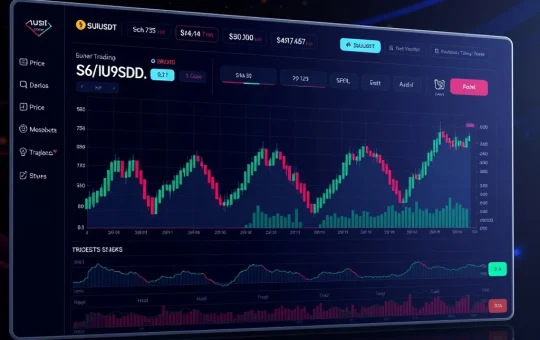 SUIUSDT price chart showing consolidation with technical indicators on a futuristic trading dashboard.