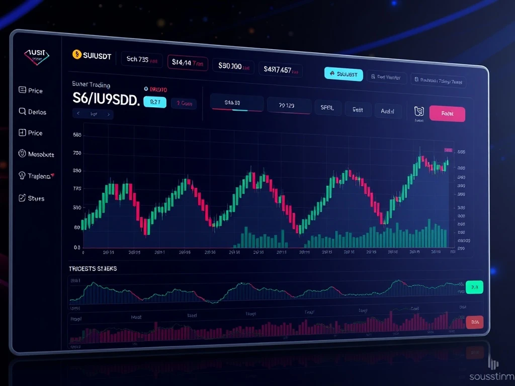 SUIUSDT price chart showing consolidation with technical indicators on a futuristic trading dashboard.