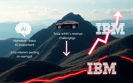 Visualizing the contrasting Tech Earnings: Alphabet's AI investment surge, Tesla's revenue challenges, and IBM's impressive growth.