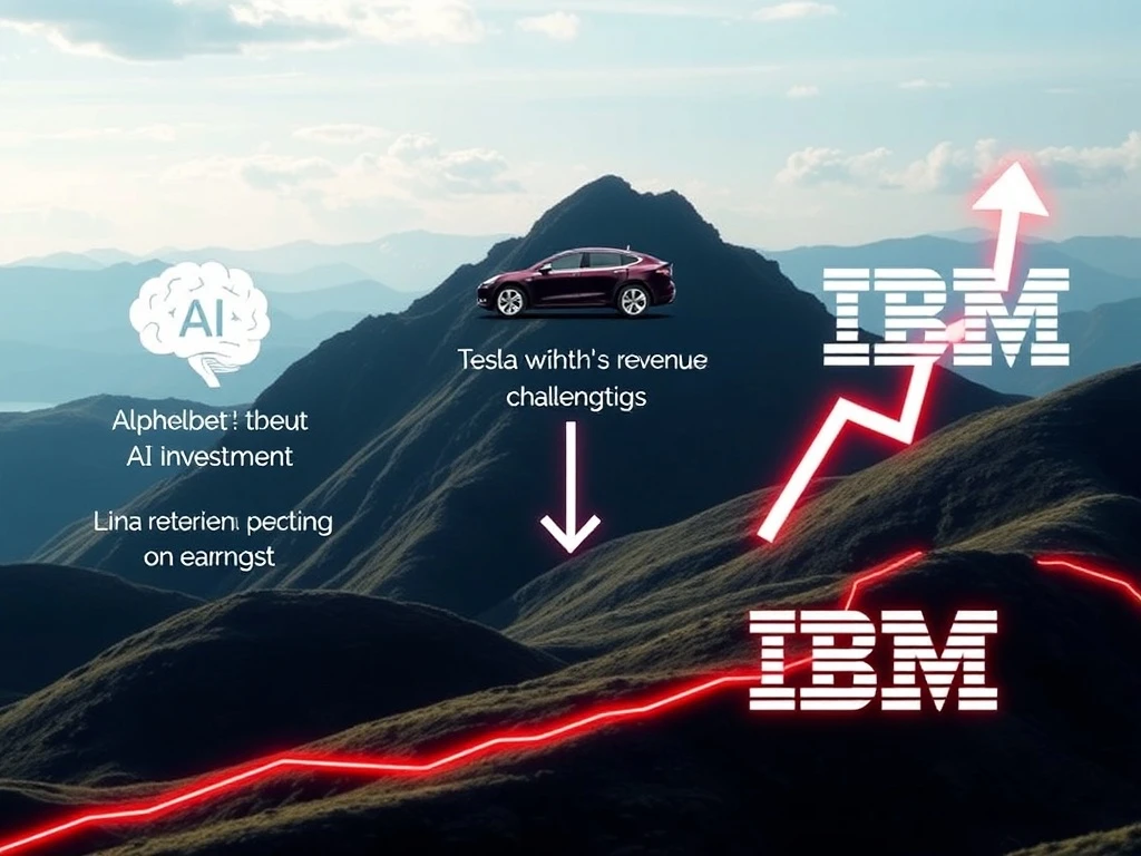 Visualizing the contrasting Tech Earnings: Alphabet's AI investment surge, Tesla's revenue challenges, and IBM's impressive growth.