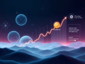 A visual representation of Terra LUNA 2.0 price prediction showing growth potential against a backdrop of market analysis and blockchain elements.
