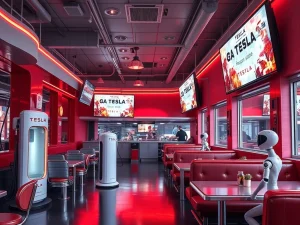 Tesla Diner interior showing charging stations and Optimus robots, illustrating Tesla's innovative brand strategy pivot.
